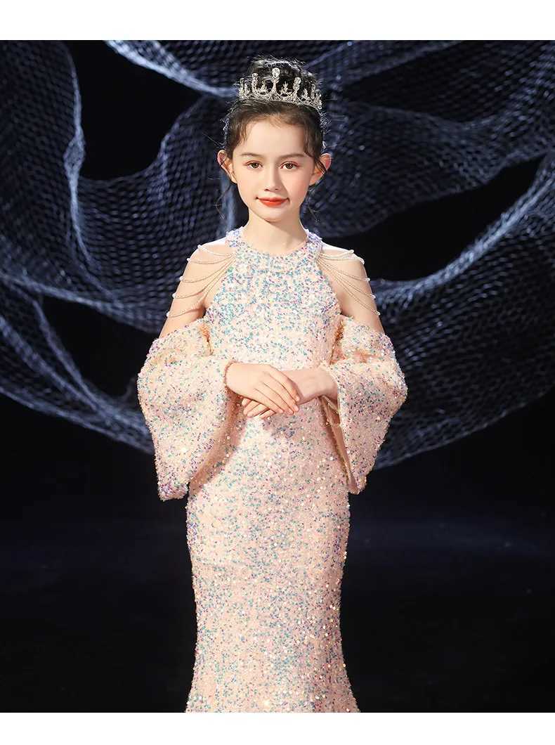 Girl Children Wedding Dress Princess Childrens Birthday Dress Bead Long Ceremony Dress Princess Robe Baby Fillers W241231