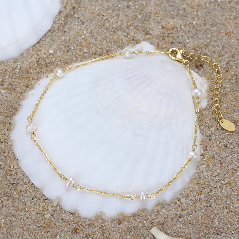 Metiseko 925 Sterling Silver Natural Freshwater Pearls Anklets Baroque Irregular Double Layers Foot Bracelet for Women Beach 241226