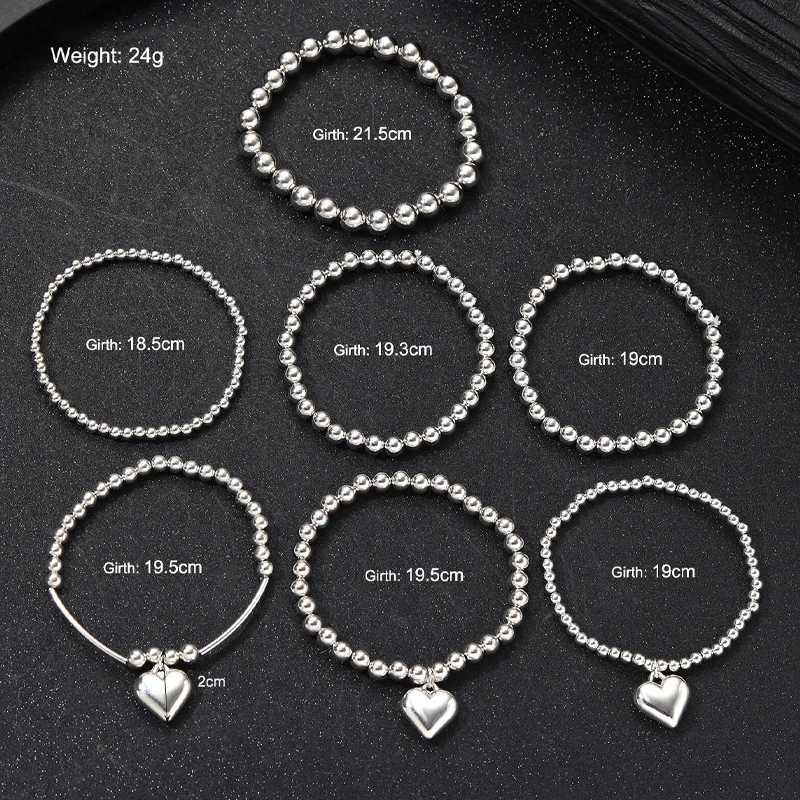 7 pieces/set of unique heart-shaped charm bead bracelet set for women retro simple silver exquisite multi-layer bracelet jewelry gift W241231