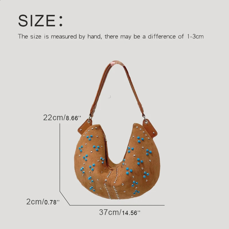 Bohemian ultra-thin half moon womens er handbag wallet artificial suede retro rivet pearl armrest shoulder 241226