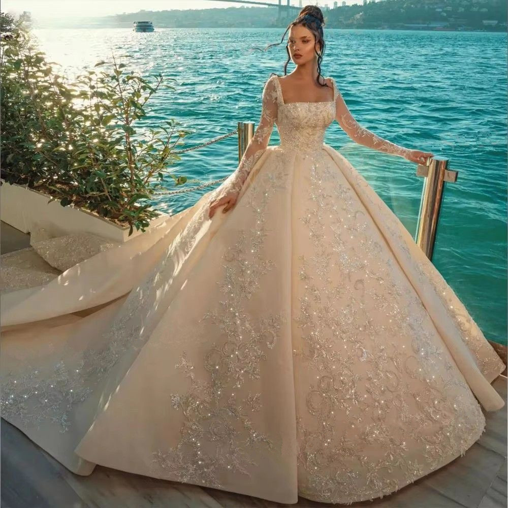 Exquisite Square Neck Wedding Dresses Sparkly Beads Sequins Bride Gowns Long Sleeves Appliques Customized Robe Vestido De Novia 6660312