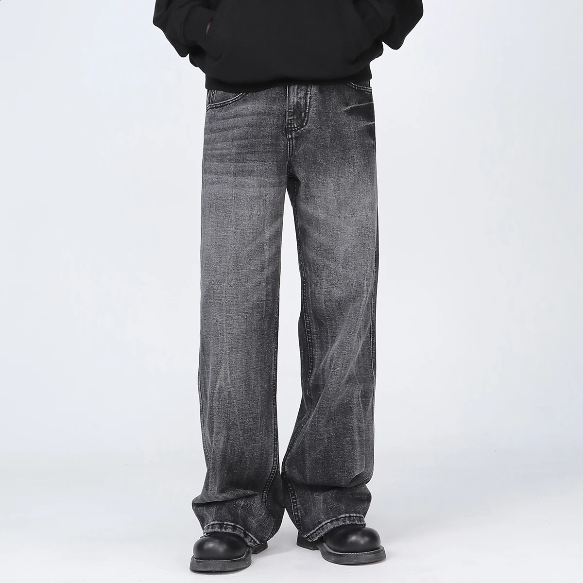 SSOUL Mens Black Plus Size Jeans Spring and Autumn Straight Loose Wide Leg Flared Pants Mens Pants 241230