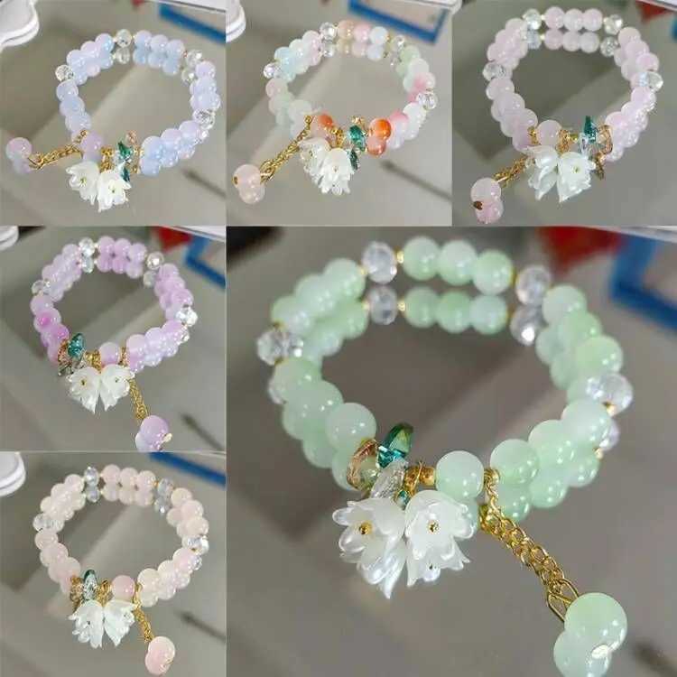 Cute green crystal bead bracelet suitable for womens Tren Lily Valley floral charm elastic adjustable bracelet wedding Birtay jewelry W241231