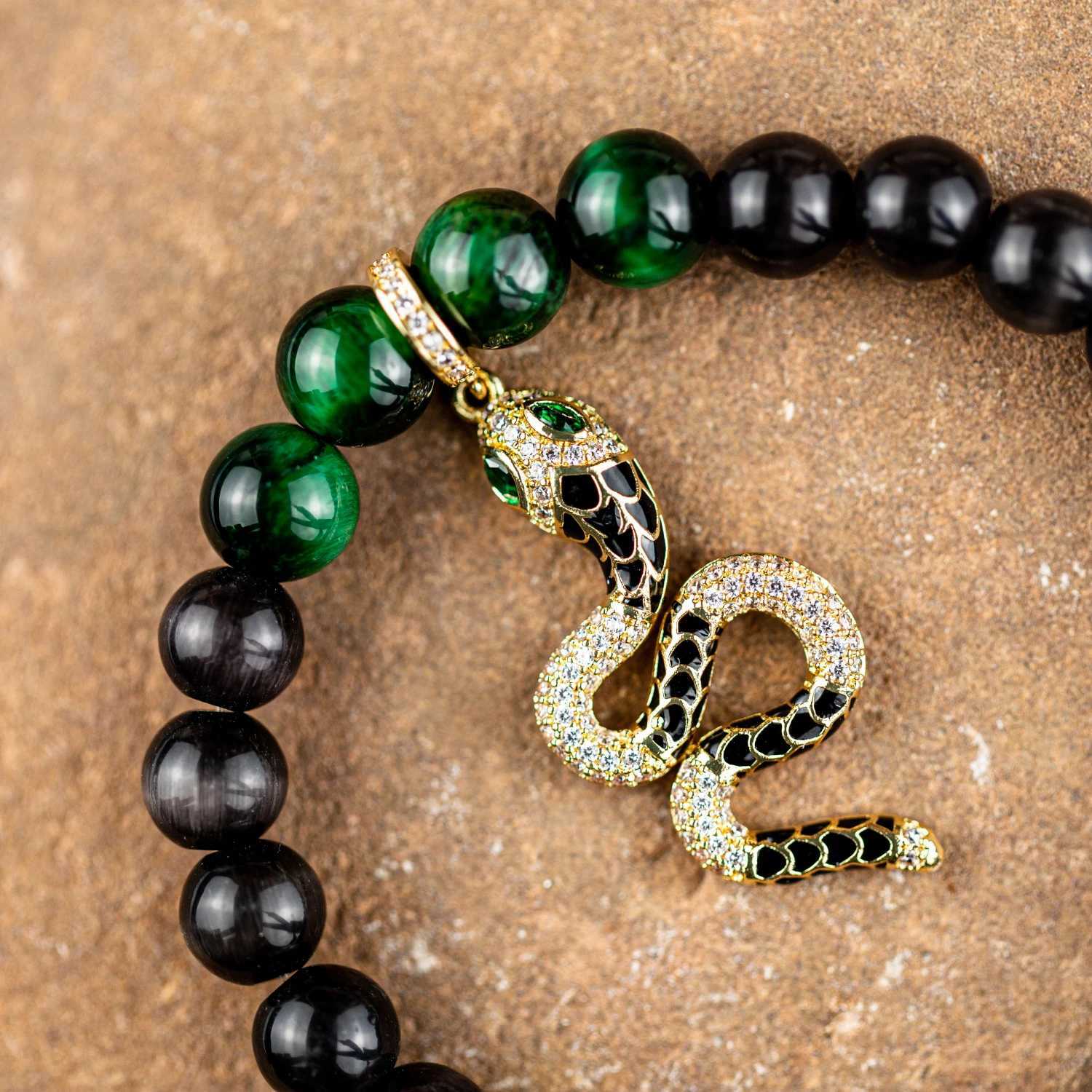 Natural Stone Tiger Eye Bracelet Snake Pendant Versatile Design Vacation Accries Best Friend Gift for Men and Women W241231