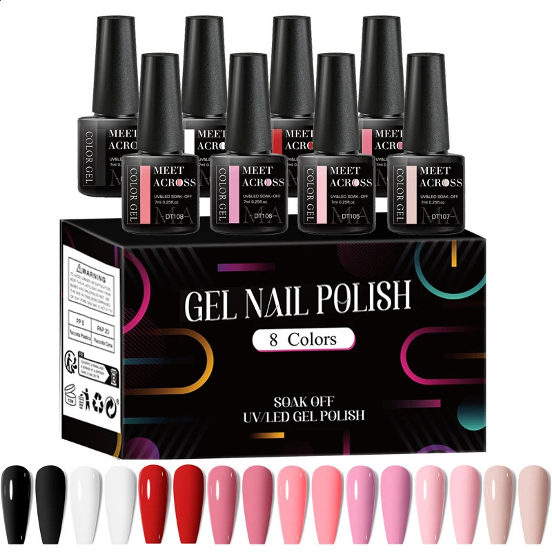 MEET ACROSS 8pcs Gel Nail Polish Set Nude Pink Nail Art Soak Off UV LED Gel Polish Kit For Home Salon Manicure DIY Varnishes 241230