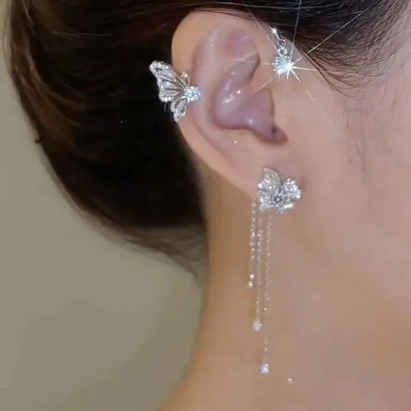 Sparkling Zircon Flower Butterfly Ear Bone Clip for Women Without Piercing Tassel Cuff Earrings Wedding Jewelry 241225