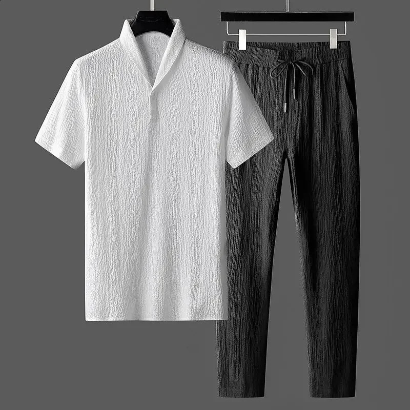 Mens Crinkled Ice Silk Tshirt Short Sleeve Sports Suit Pants Onepiece Lightweight Summer Clothing 241223