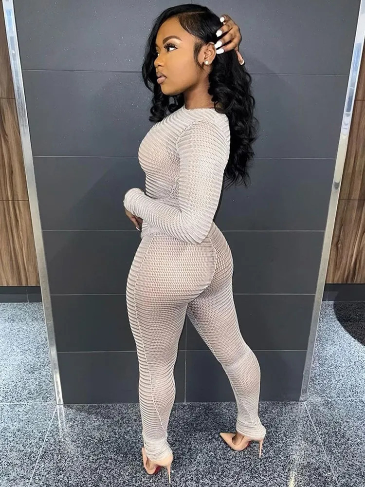 Weird Puss See Through Women 2 Piece Set Thin Sexy Long Sleeve Crop TopsLeggings Matching Solid Summer Fashion Stretch Clubwear 241230