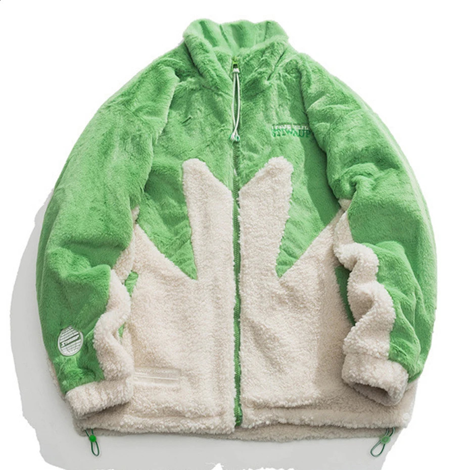 Winter Plush Parkas Jackets Hip Hop Vintage Color Block Fluffy Fuzzy Fleece Lambswool Coats Men Streetwear Warm Padded Jackets 241225