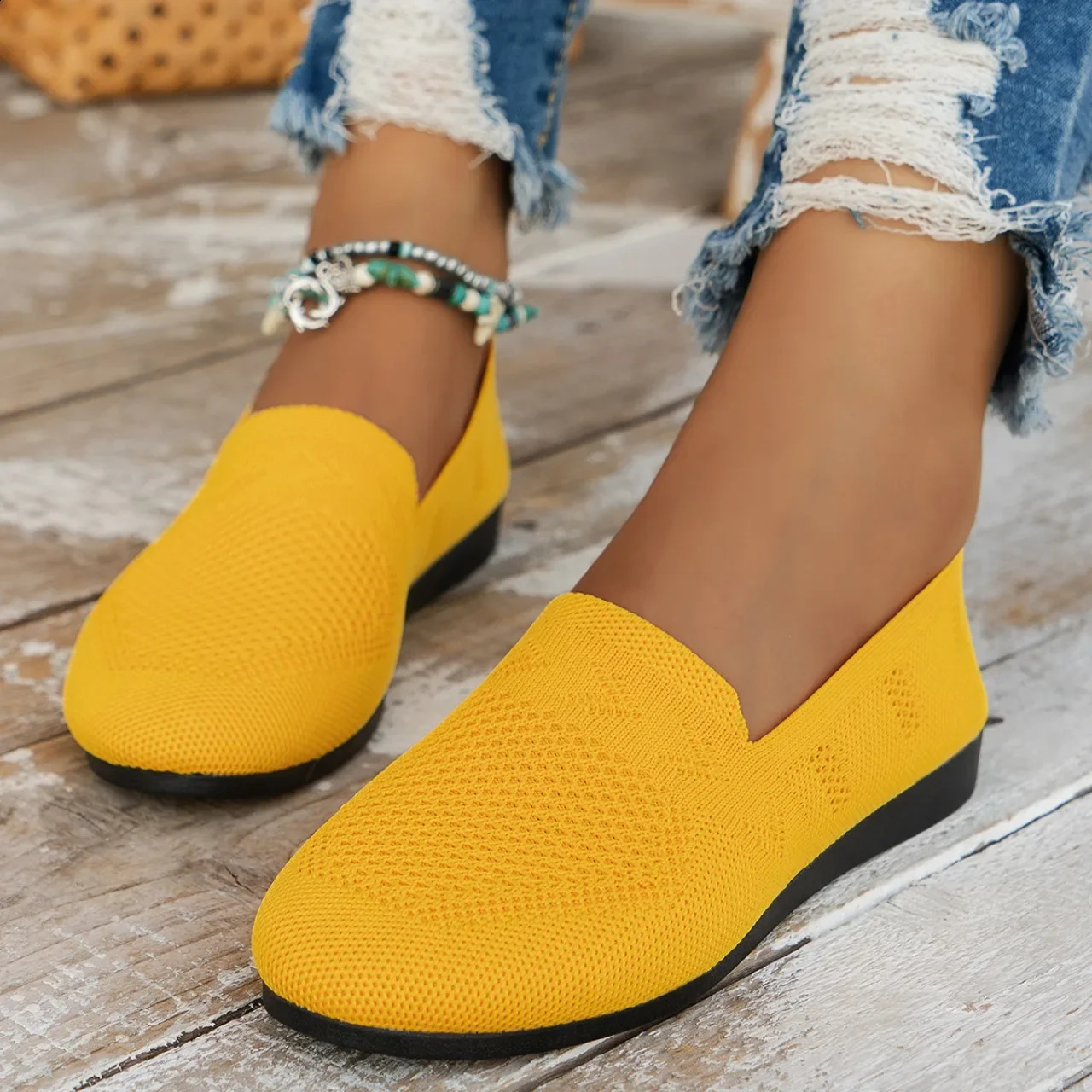 Loafers Square Toe Breathable Slip on Mesh Women Flats Shoes Soft Bottom Knit Ballet Boat 241225