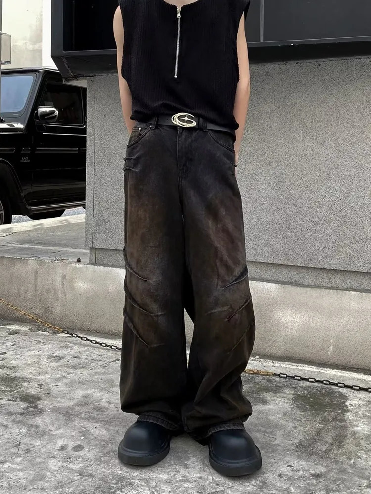 Cyber Y2K Streetwear Old Black Distressed Pleated Baggy Jeans Pants For Men Clothes Straight Loose Gothic Long Trousers 241230
