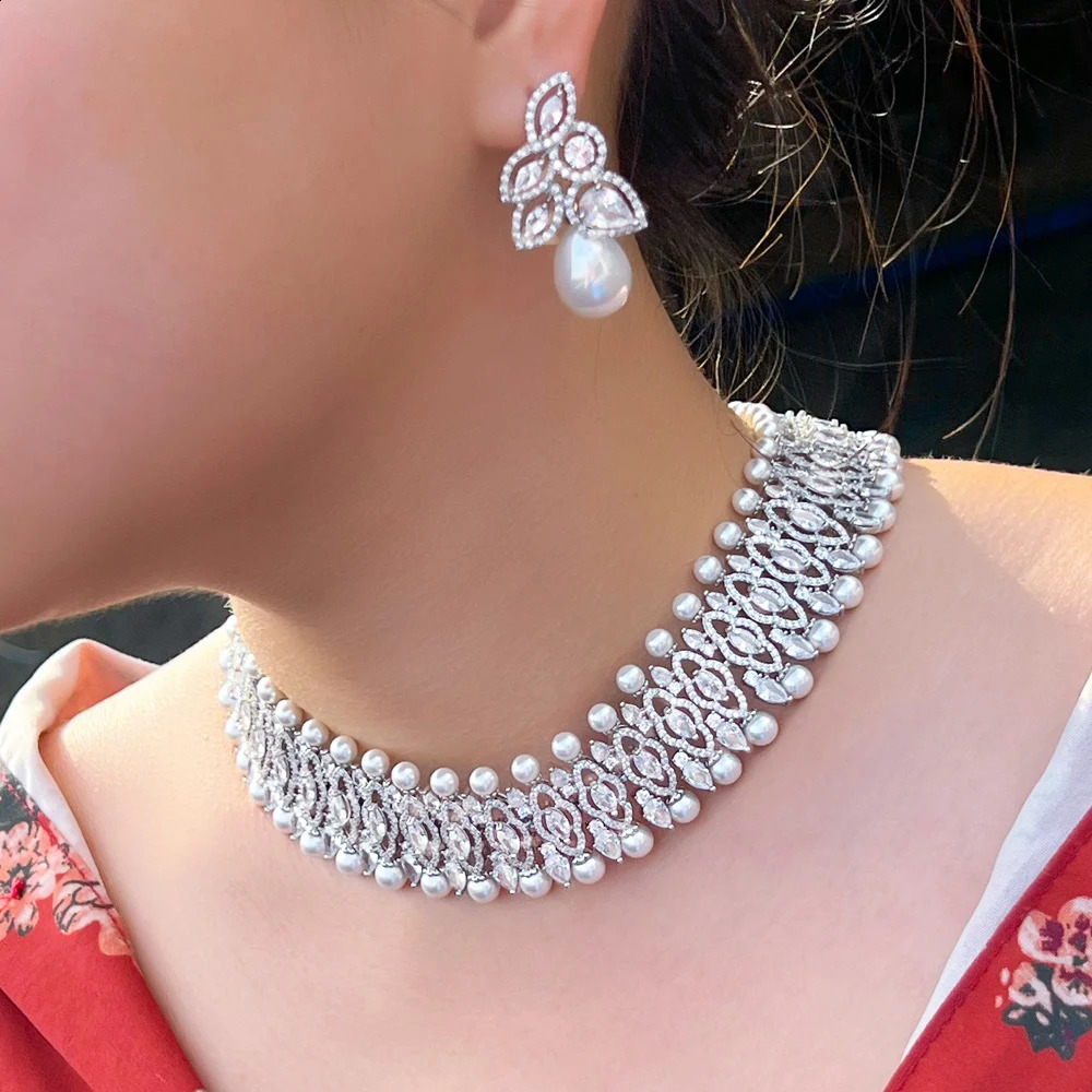 CWWZircons White Cubic Zirconia Big Choker Pearl Necklace and Earrings Wedding Bridal Party Jewelry Sets for Women T735 241231