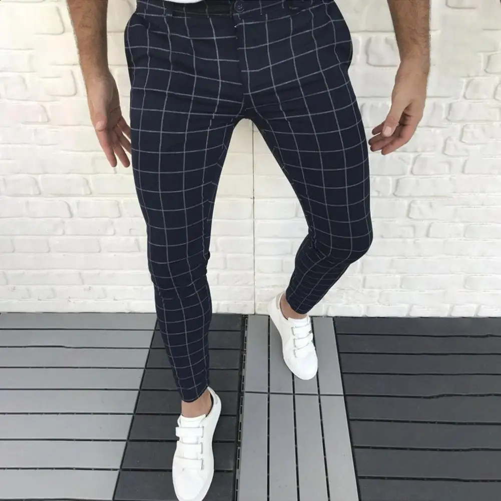 Casual Men Trousers Temperament Pencil Pants Mid Waist Handsome Checkered Pattern Slim 241230Z