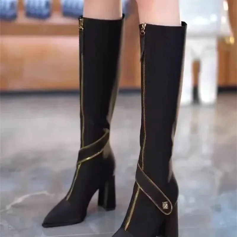 Black Boots Female Winter Belt Buckle Thin Pointed Thick Heel Boots Botas De Mujer Thigh High White Boots 241231