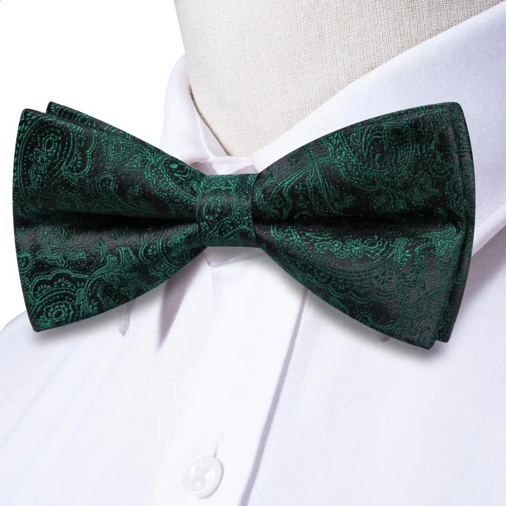 Hi-Tie Jacquard Paisley Dark Green Bowtie for Men Silk Butterfly Tie Bow Tie Hanky Cufflinks Wedding Party Gift Bowtie Wholesale 241230