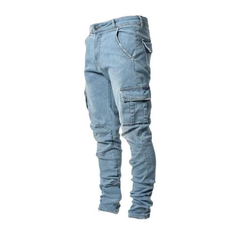 Autumn and winter new mens clothing solid color elastic multi bag tight pants ultra-thin denim cargo pants W241231 - view 6