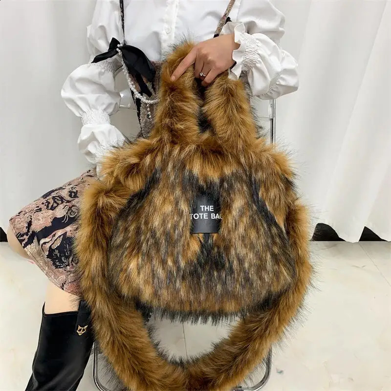 Faux Fur Tote Bag for Women Handbags Autumn Winter Plush Shoulder Crossbody Bags Shopper Purses Y2K 241231