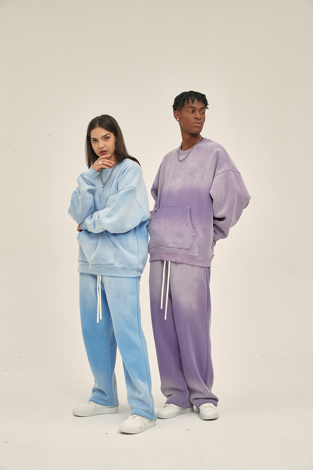 Spray-Dyed Worn Round Neck Sweater Hoodie Men Women Sweatshirt Pullovers