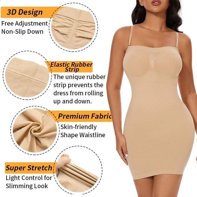 Sexy Full Slip Shapewear Women Dress Off Shoulder Bodycon Strapless Underdress Smooth Compression Body Shaper Slimming Waist 241231