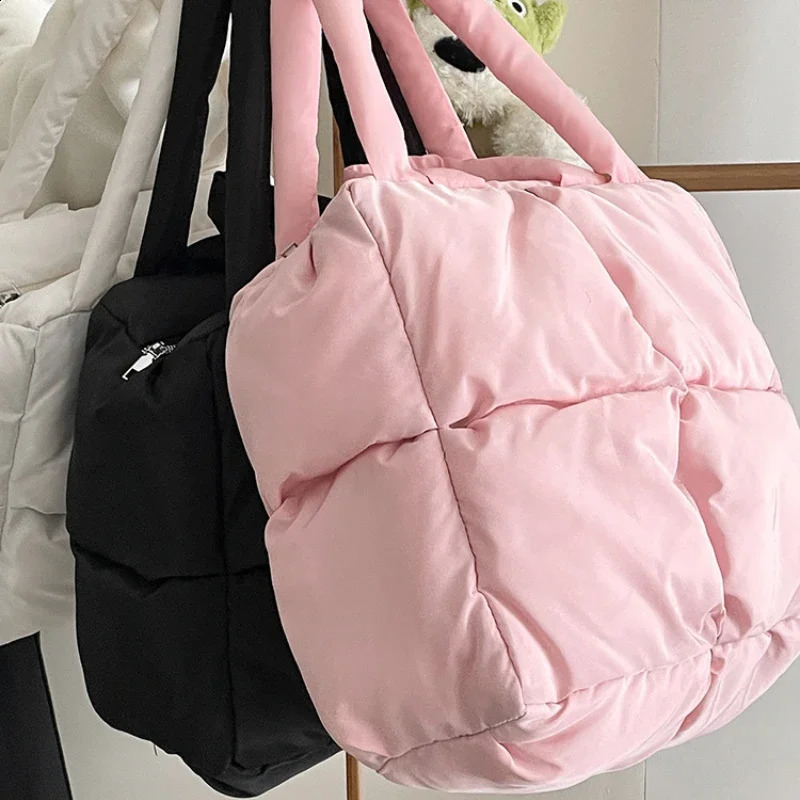 Women Retro Checkered Quilted Shoulder Bag Solid Color Soft Handbags Soft Tote Handbags Pink Sapce Padded Tote 241231