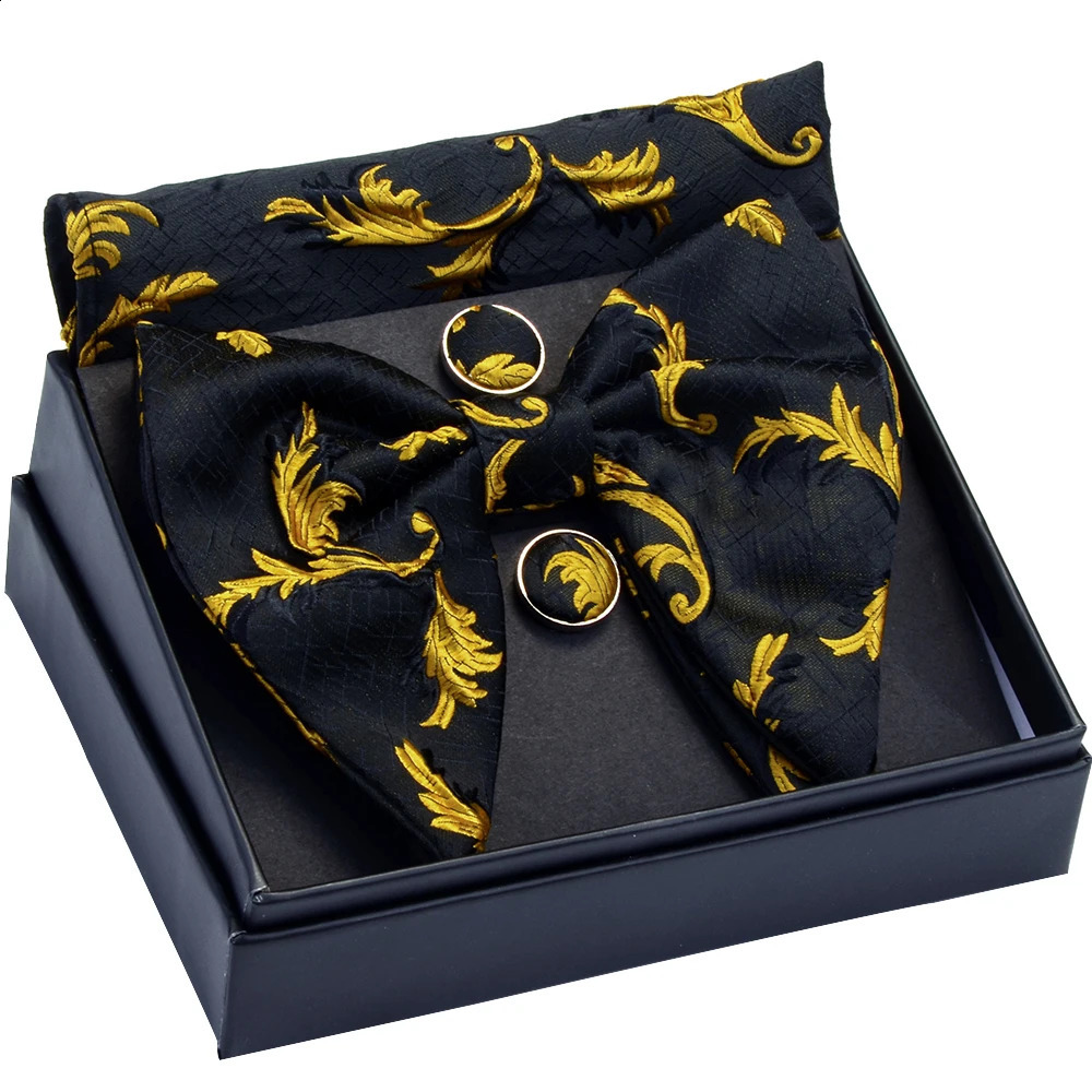 Fashion Silk Big Bowtie Handkerchief Cufflinks Set Bule Black Paisley Floral Jacquard Hanky Bow Ties For Men Business With Box 241230
