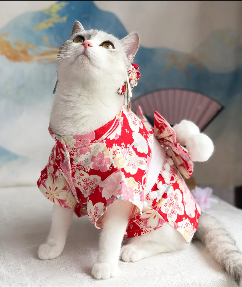 Japanese Style Thin Cat Dog Coat Kimono Summer Pet Clothes for Cats Dogs Cute Print with Bow-knot Kitten Sphynx Clothing Outfit 241231