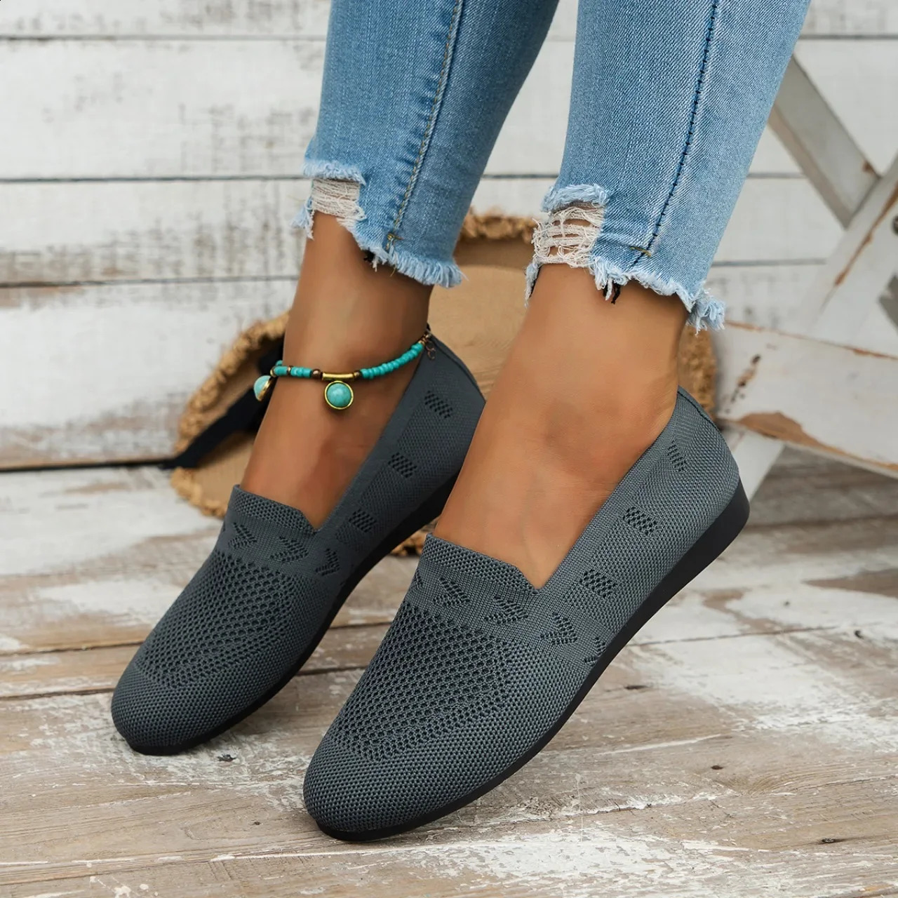 Loafers Square Toe Breathable Slip on Mesh Women Flats Shoes Soft Bottom Knit Ballet Boat 241225