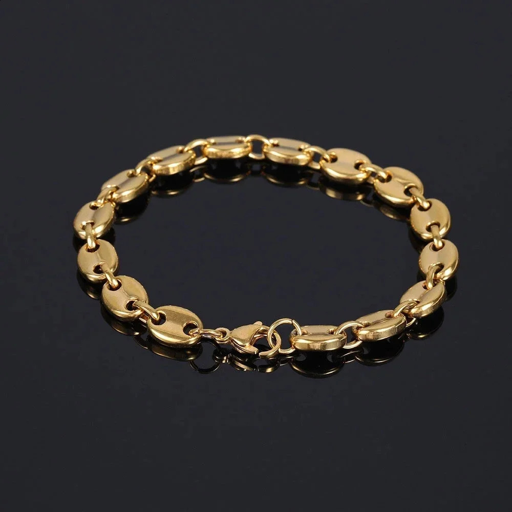 Coffee Beans Pig Nose Chain Bracelet Men Stainless Steel Jewelry Polished Strong Gold Plated Color 241230