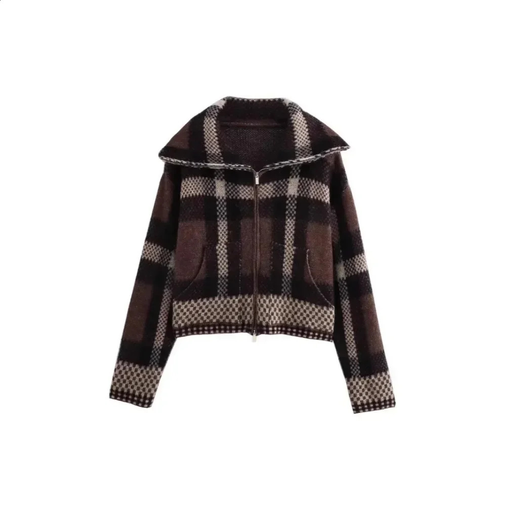 2024 Spring and Autumn Womens Temperament Fashion Casual Versatile Zipper Pocket Lapel Plaid Printed Jacket Blouse 241230