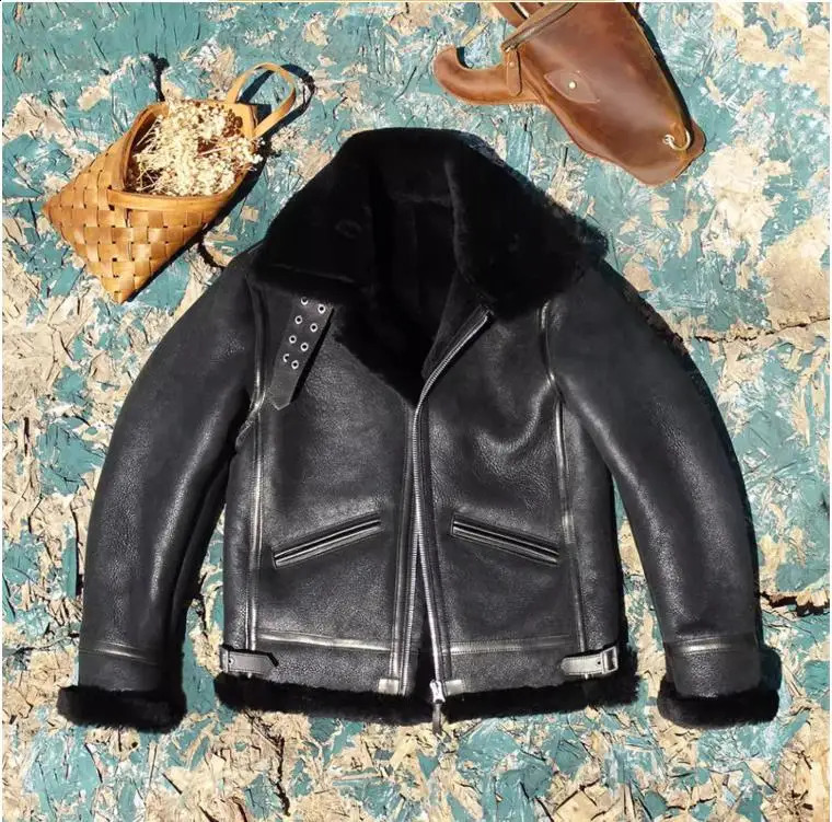 CC Shop. men thick fur jacket.Classic B3 Bomber winter warm wool coat.100% genuine leather natural shearling cloth 241230
