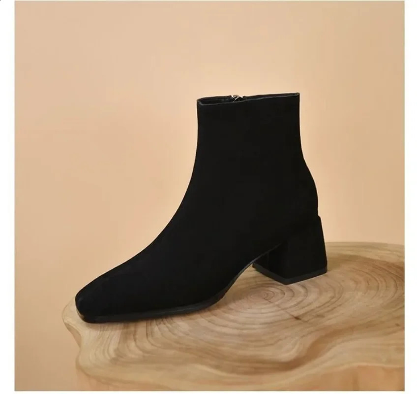 Genuine Leather Boots Retro High Heels Ankle Boots Women Shoes Back Zipper Sheep Suede Handmade Shoes Boots Women 241231