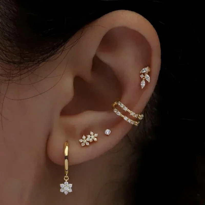 Exquisite Gold Color Star Dangle Earrings Women Fine Zircon Piercing Flower Stud Earrings Set Fashion Jewelry Gift Wholesale 241230