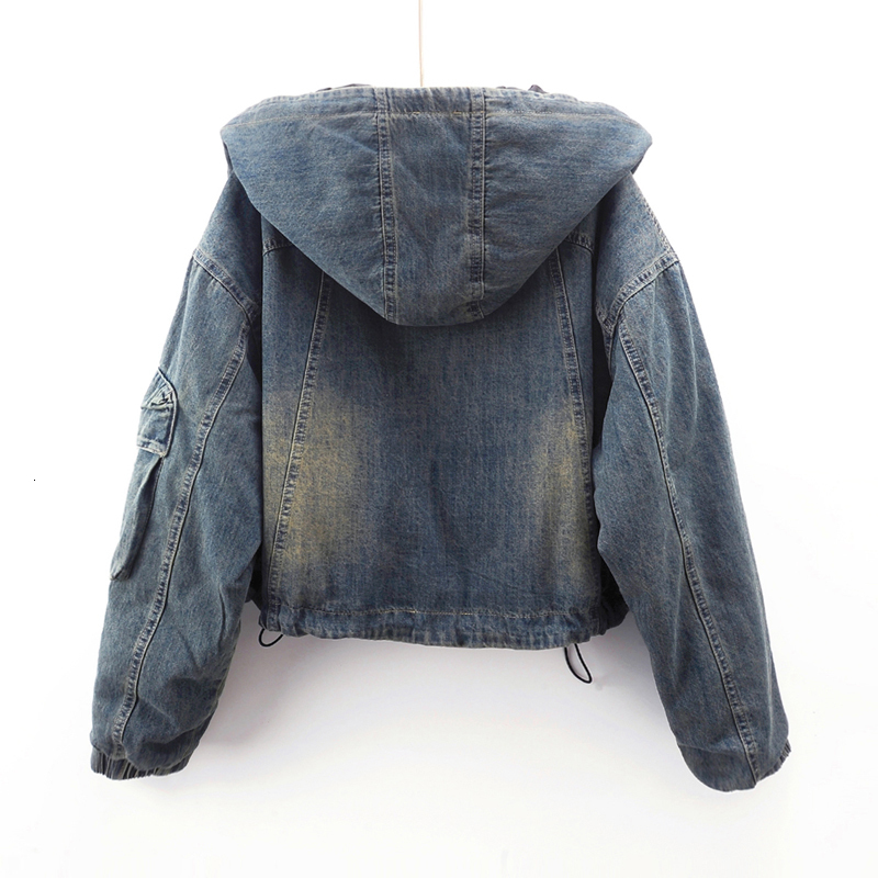 Winter Down Cotton Denim Women Cowboy Outerwear Loose Short Vintage Blue Hooded Big Pocket Jeans Jacket Coat Female