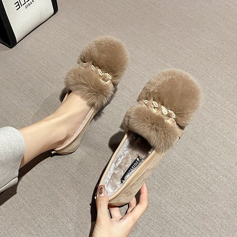 2025 new Glitter Rhie chain flat 6271d loafers winter plush cotton shoes women large size warm fur moccasins shallow slip-on espadrilles