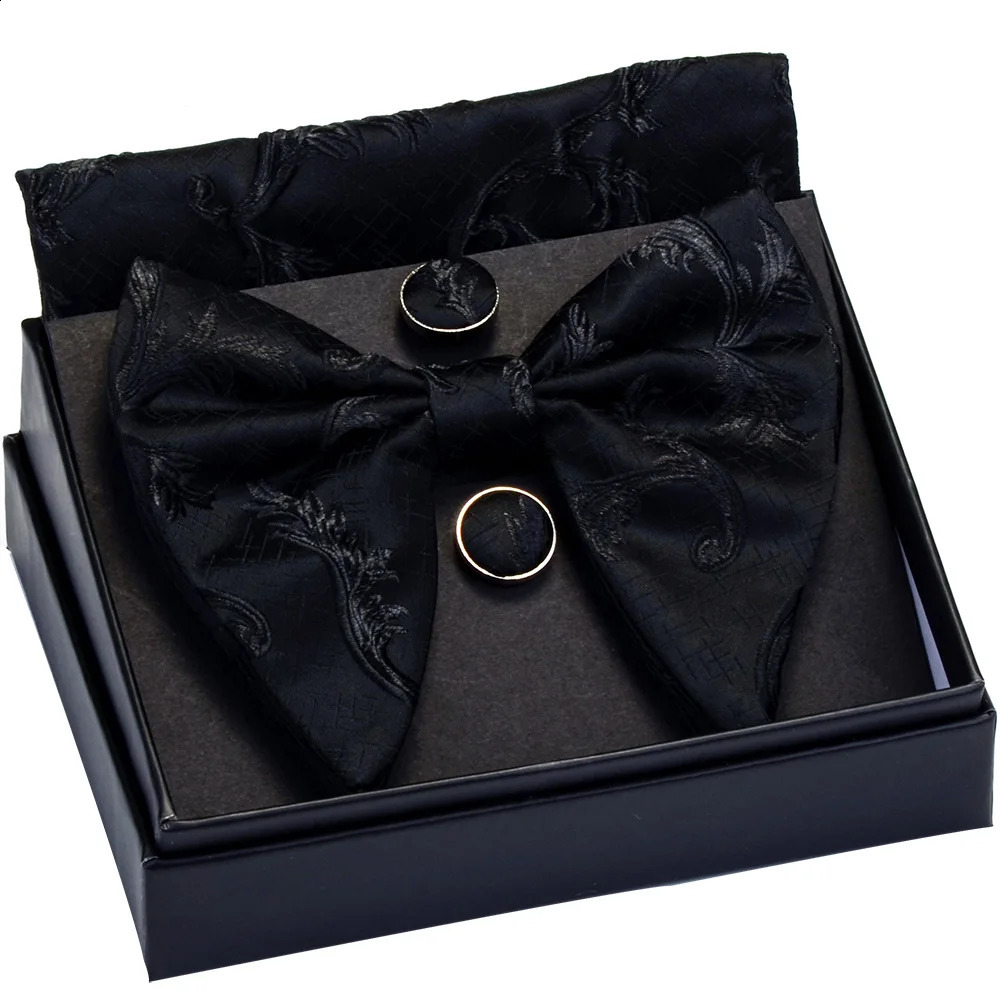 Fashion Silk Big Bowtie Handkerchief Cufflinks Set Bule Black Paisley Floral Jacquard Hanky Bow Ties For Men Business With Box 241230