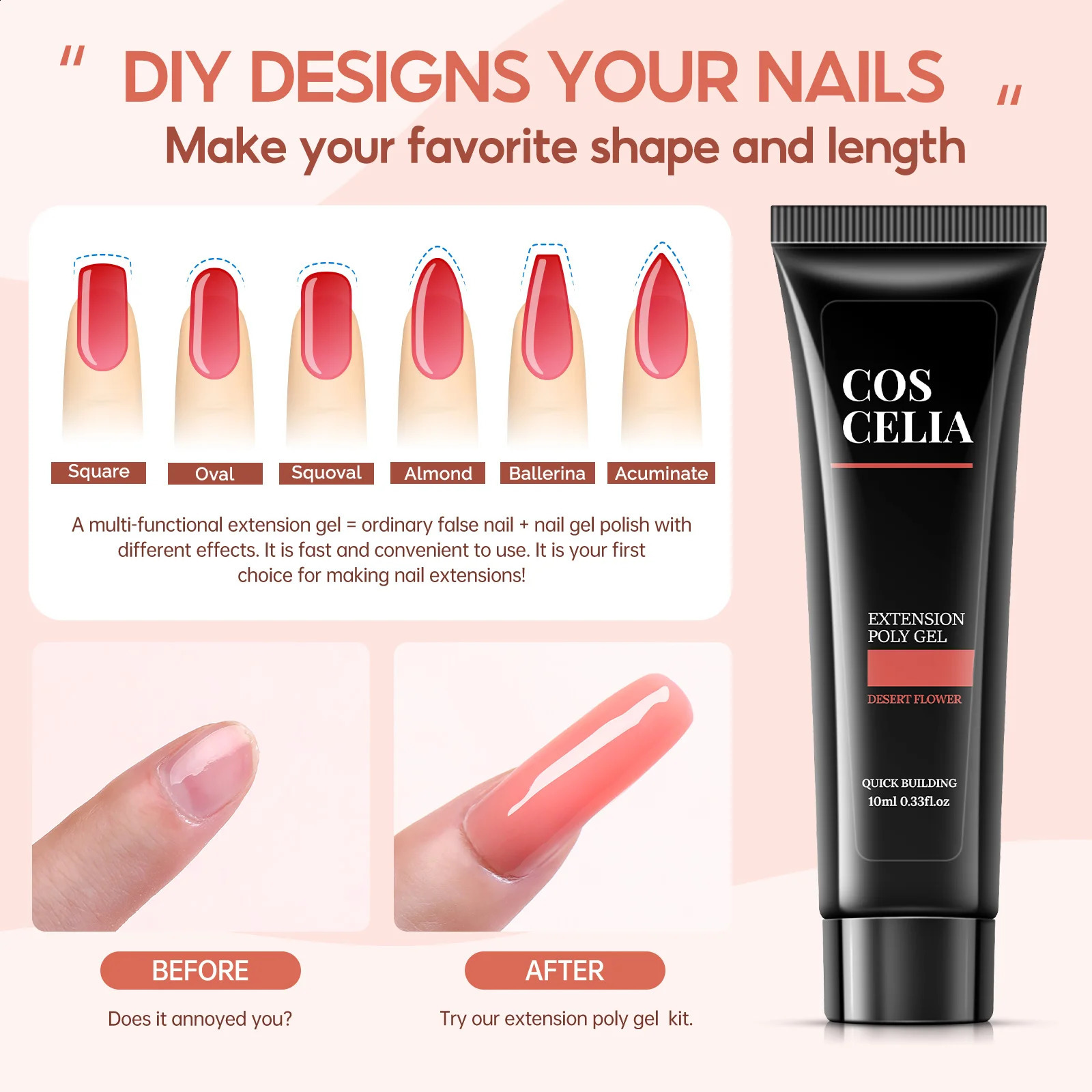 COSCELIA 20PCS Poly Nail Gel Set with 30ML Slip Solution Base Glossy Matte Top Coat with Manicure Decoration for Girls Art Salon 241230