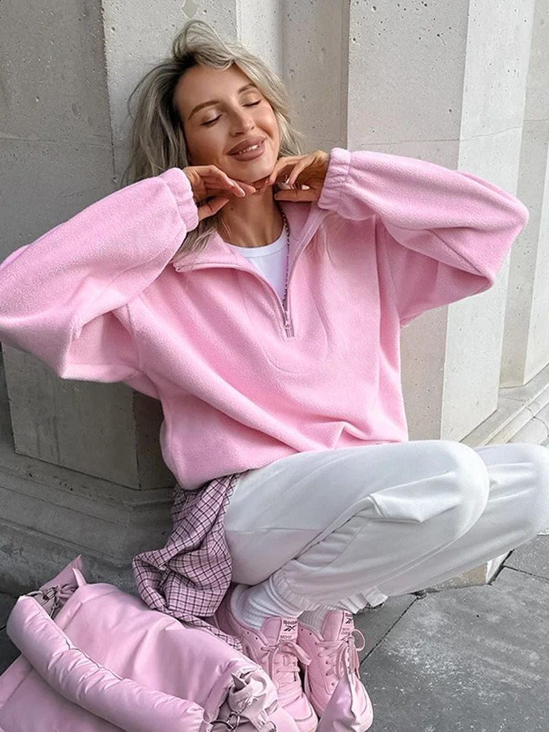 DGLUKE Zipped Pink Sweatshirt Woman Fashion Pullover Oversized Hoodie Y2K Street Style Women Fleece Winter Coats Jackets 241224