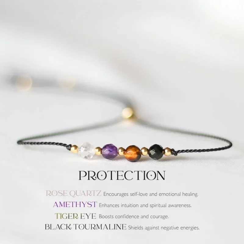 Empire Protection Rose Quartz Amethyst Black Tourmne Adjustable Cord Heng Bracelet W241231