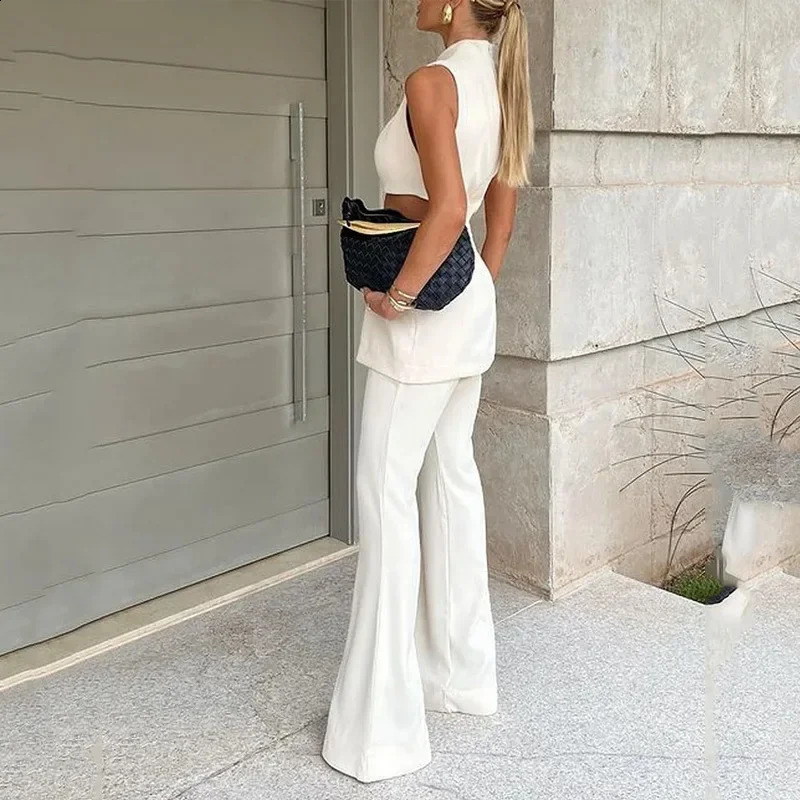 Women Two Piece Sets Pant Set Sexy Slim Fit Hollow Out Round Neck Sleeveless Solid Tops Wide Leg Long Pants Elegant Splice 241230