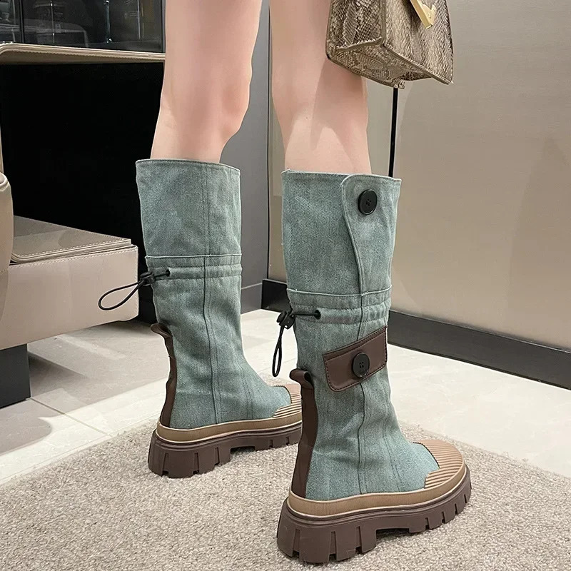 Women Blue Denim Thigh High Boots Thick Heels Simple Thick High Heels Autumn Winter Fashion Platform Knee High Knight Boots 241231