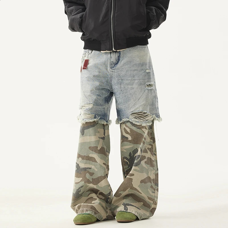 PFNW Niche Mens Jeans Washed Distressed Colorblock Splic Two Piece Loose Straight Trousers Wide Leg Pants 28W5474 241224