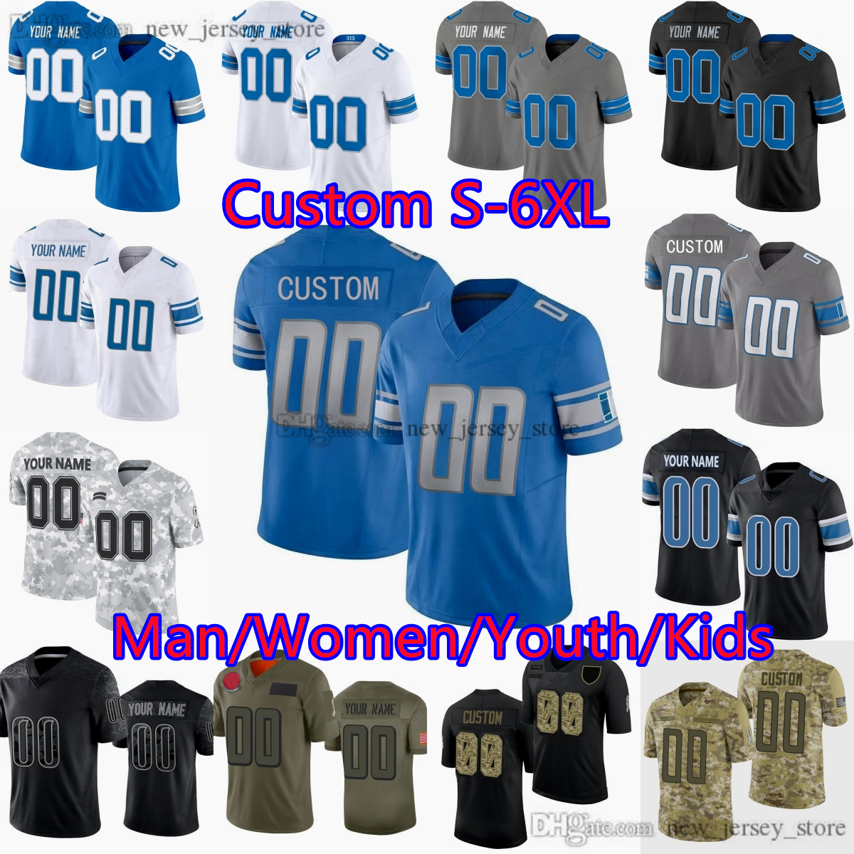 Custom DIY 16 Jared Goff Jersey Barry Football Jahmyr Sanders 14 Amon-Ra St. Brown 9 Jameson Williams Gibbs Sewell LaPorta Bates Johnson Skipper Anzalone Stitched S-6XL