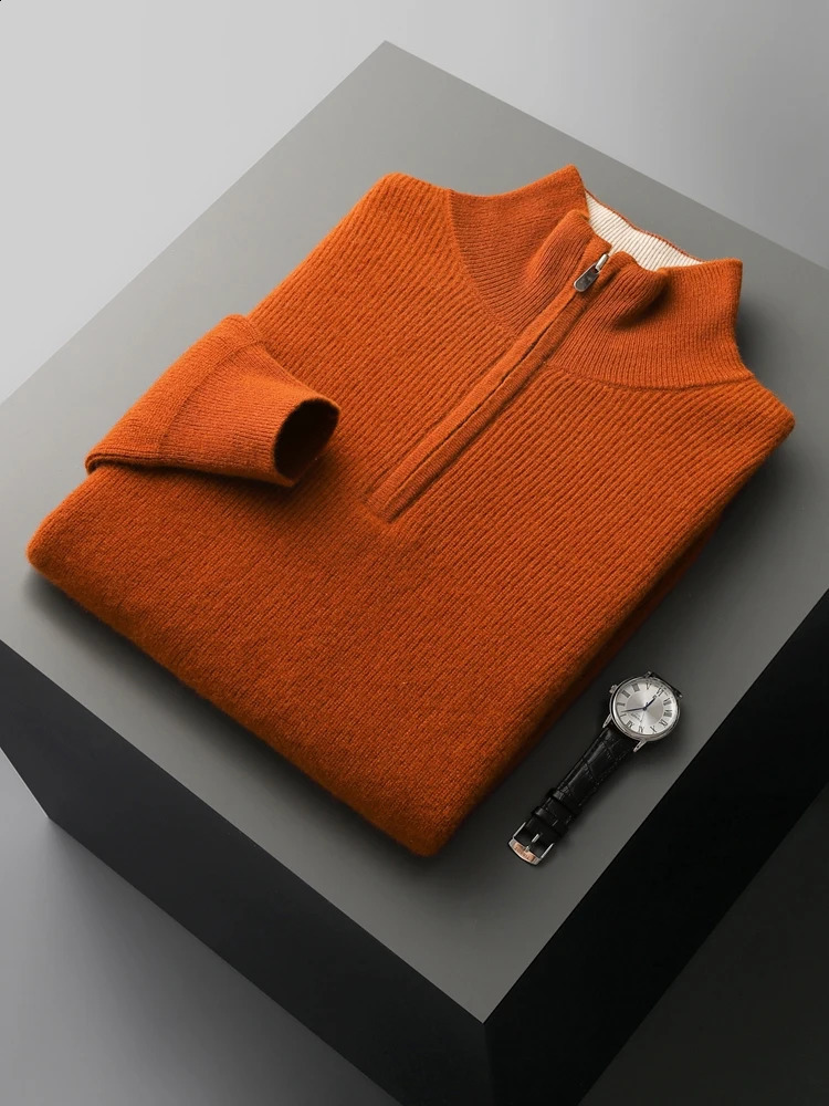 Men Zipper Mock Neck Cashmere Pullover Autumn Winter 100% Merino Wool Sweater Color Contrast Knitwear Smart Casual Jumpers 241230