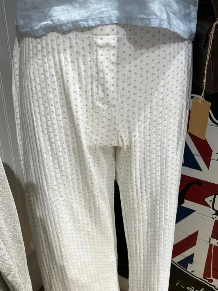 Blue Heart Eyelet Vest Pants Sets Summer Bow Slim CamisHigh Waist Straight Trousers Women Cotton Sweet Home Pajama 2 Piece Sets 241230