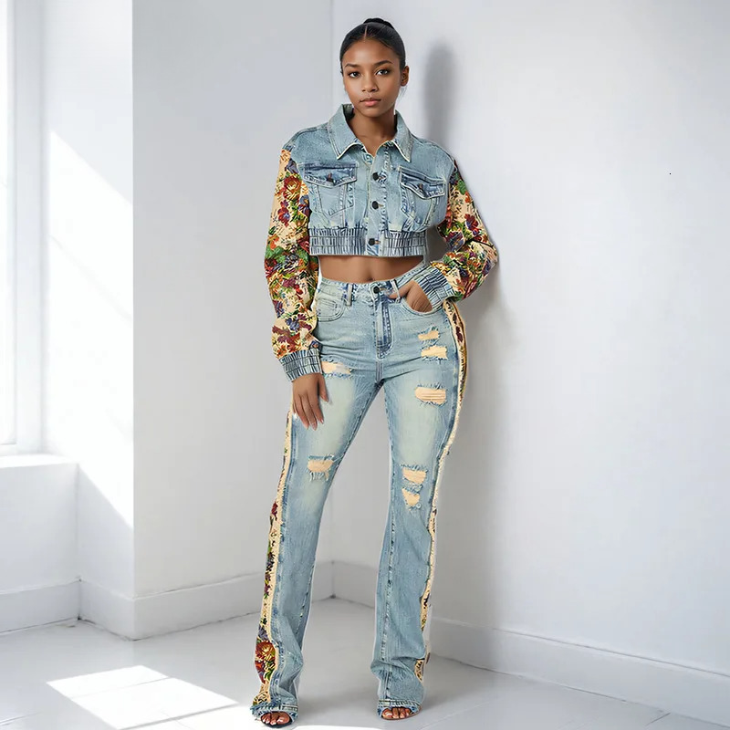 Winter New Items Fashion Two-Piece Set For Women Print Patchwork Denim Coat High Waist Long Jeans Female