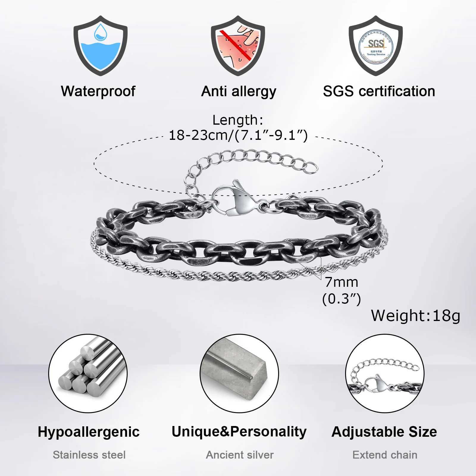 Mens stainless steel bracelet adjustable twisted rope chain Rolo chain wristband vintage rock punk jewelry gift W241231