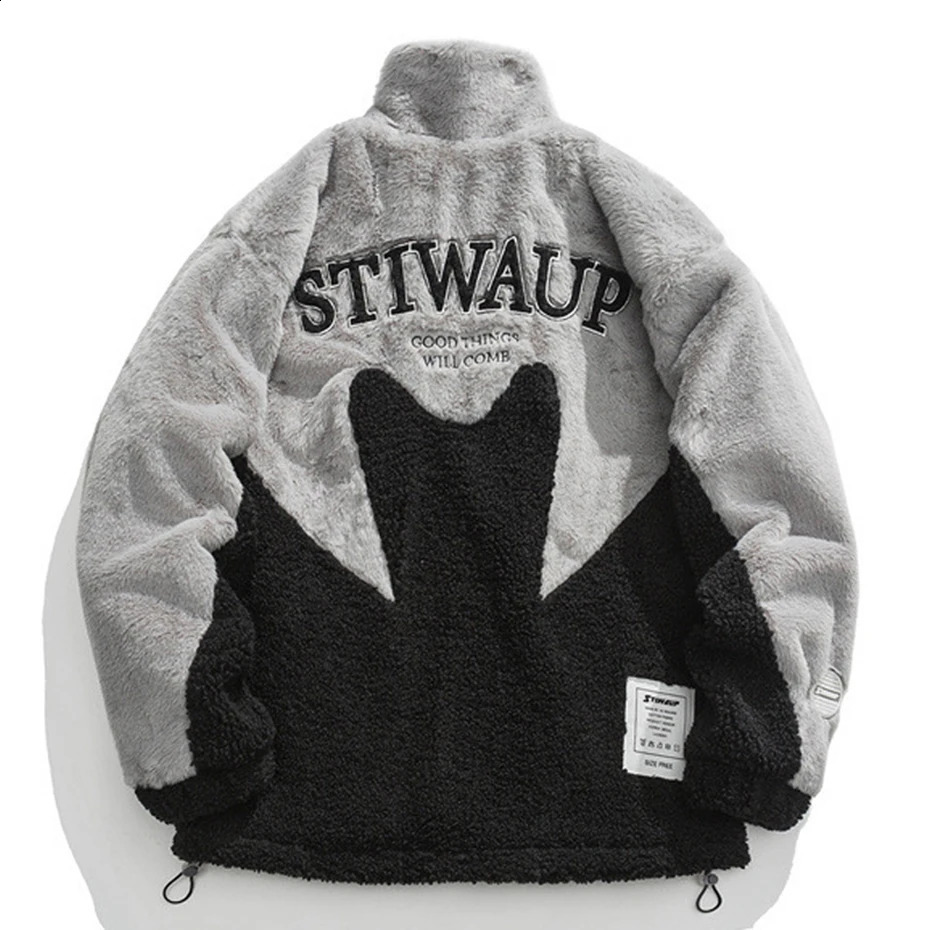 Winter Plush Parkas Jackets Hip Hop Vintage Color Block Fluffy Fuzzy Fleece Lambswool Coats Men Streetwear Warm Padded Jackets 241225