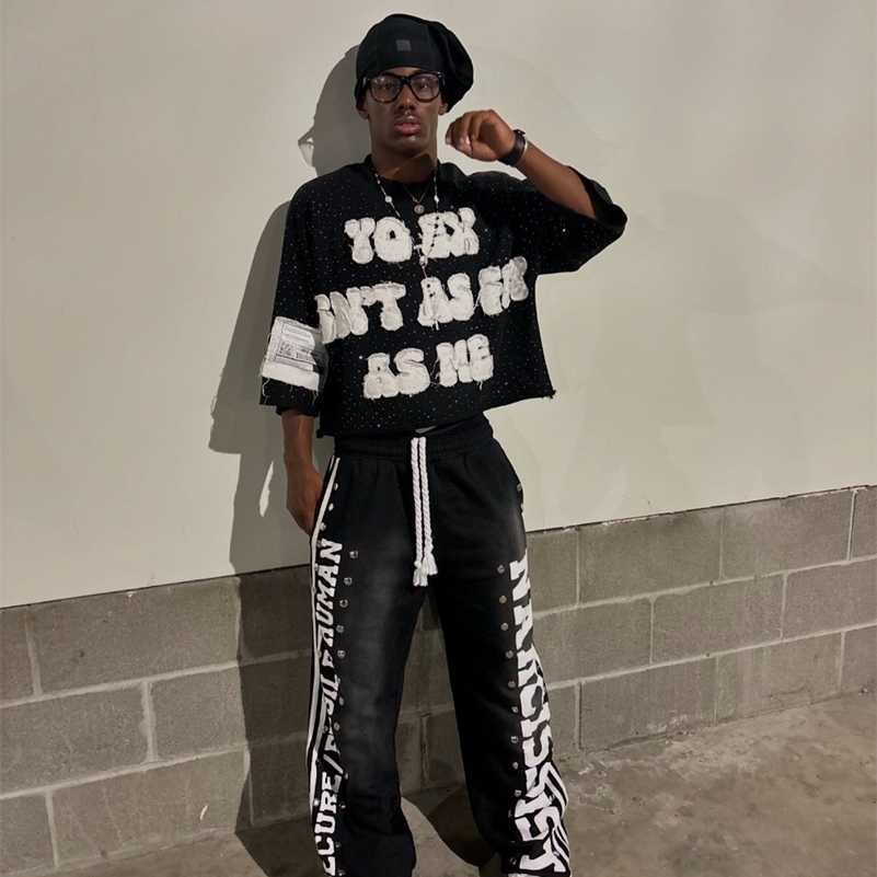 Gothic Letter Patchwork Y2k Clothes for Men Hip Hop Retro Sequin Striped Sweatpants T Shirt Two Piece Set Casual 241228