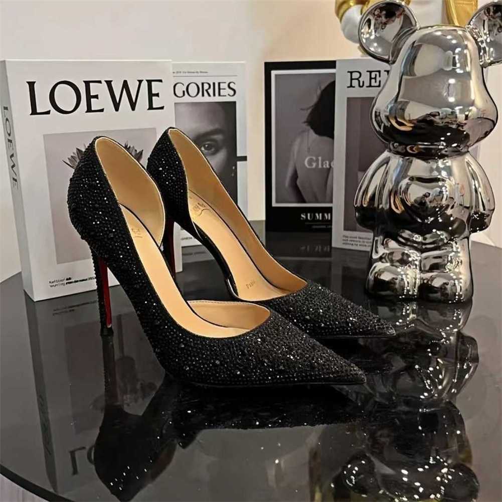 2025 Heels red bottomed shoes Spring and Autumn Winter New Versatile Water Diamond Single Shoe Red Bottom Side Hollow Thin Heel Temperament Womens Hig