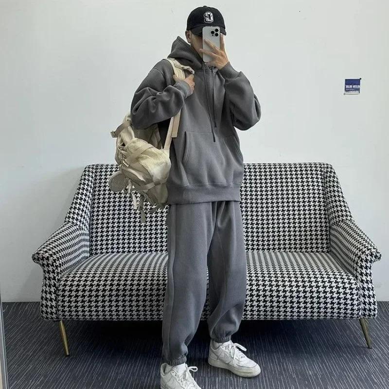 Hooded Sweatshirt Men's Autumn Winter Veet Two-Piece Set American Oversize Loose Casual Sweatpants Suit Aesthetic Streetwear